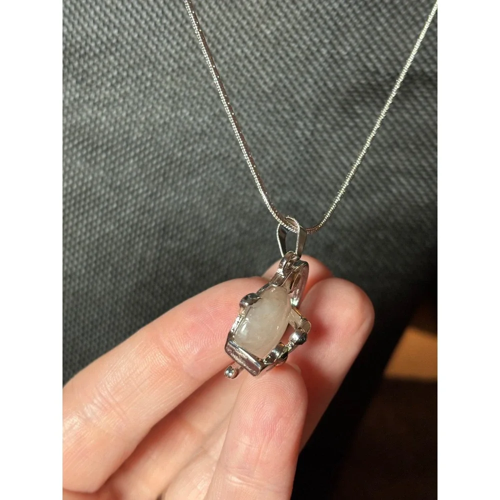Silver Tone Cat Pendant Necklace White Stone Black Eyes Snake Chain Adjustable